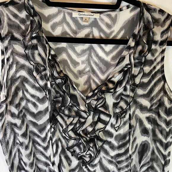 Zebra Print Blouse Size M Semi sheer Black and White Sleeveless Ruffle V Neck - Picture 3 of 8